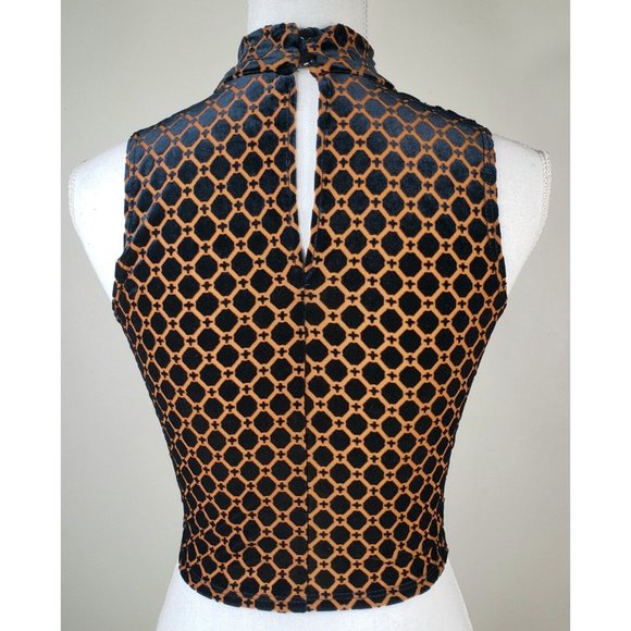 Maitai Crop Top Mock Turtleneck Black Gold Womens Small Sleeveless Button Back - Picture 3 of 6